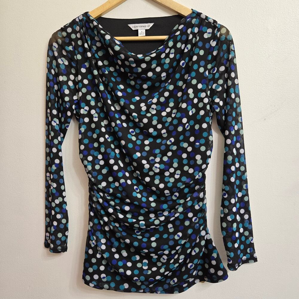 Counterparts Vtg Y2K Twee Polka Dot Drape Cowl Neck Semi-Sheer Artsy Mesh Top S